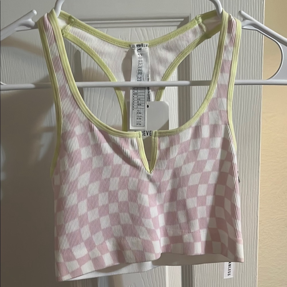 Brand New Forever 21 checkered Pink/White Plaid Crop Top with lime green Trim